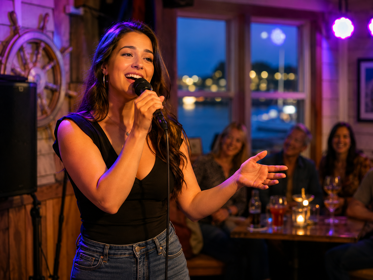 Solo karaoke singer performing at a Cape Cod karaoke night